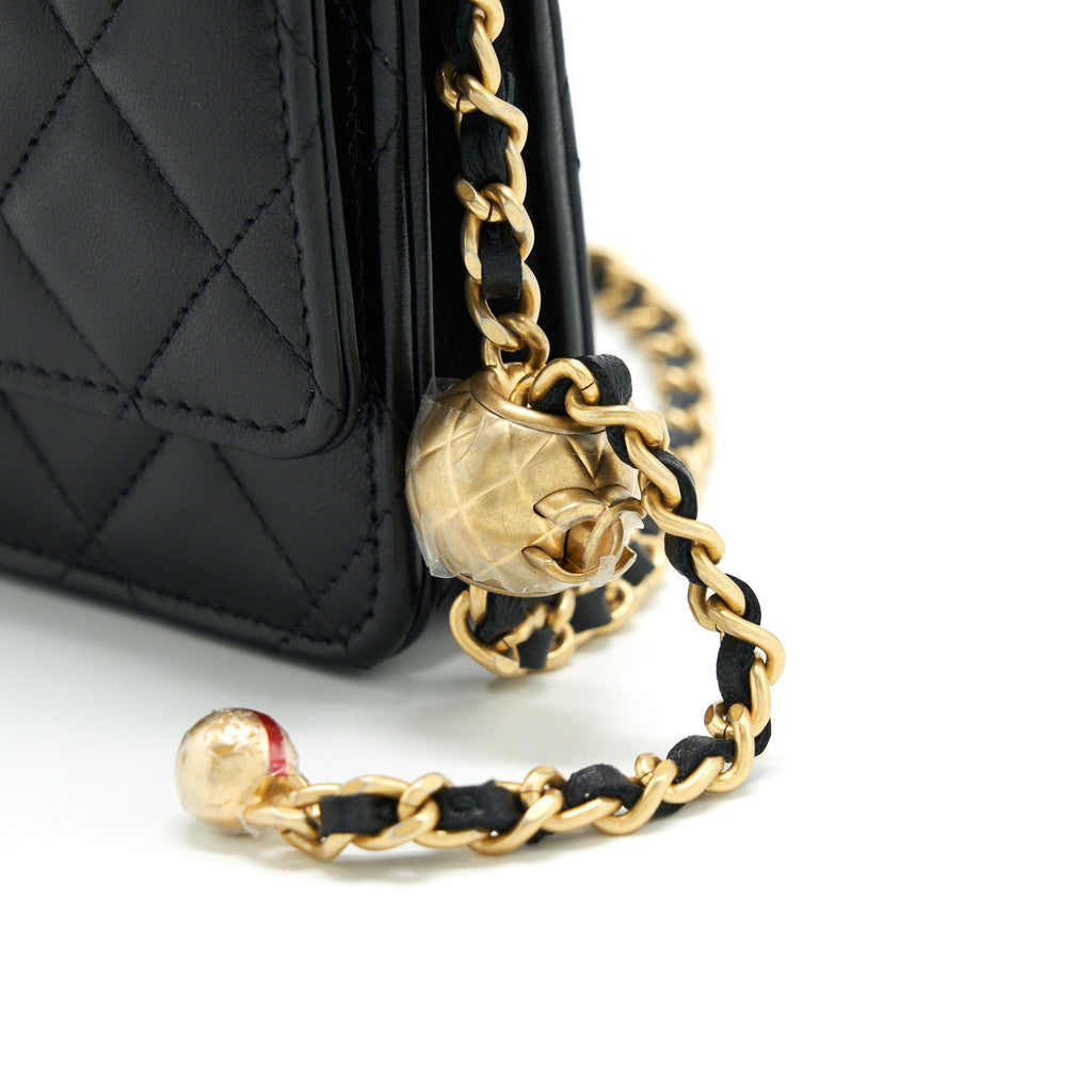 CHANEL PEARL CRUSH WALLET ON CHAIN LAMBSKIN BLACK GHW (MICROCHIP)