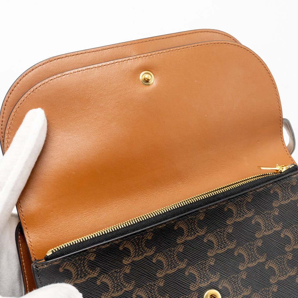 CELINE WALLET ON STRAP TRIOMPHE CANVAS/LAMBSKIN TAN GHW