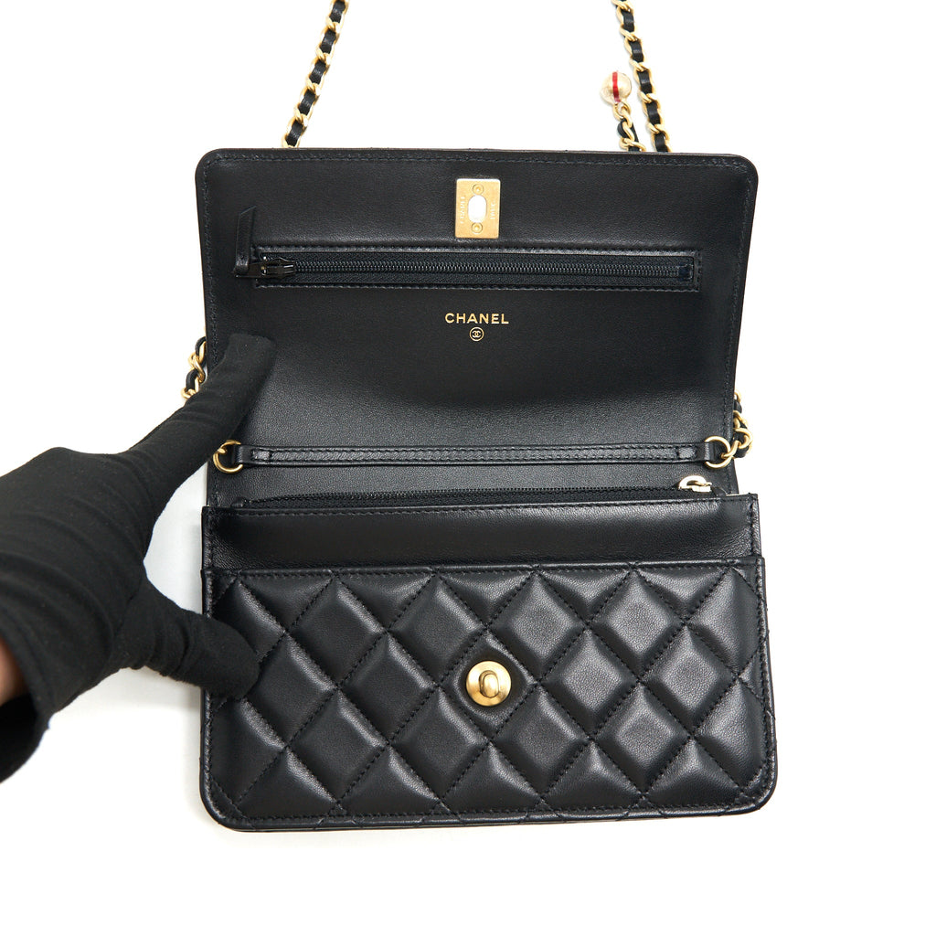 CHANEL PEARL CRUSH WALLET ON CHAIN LAMBSKIN BLACK GHW (MICROCHIP)