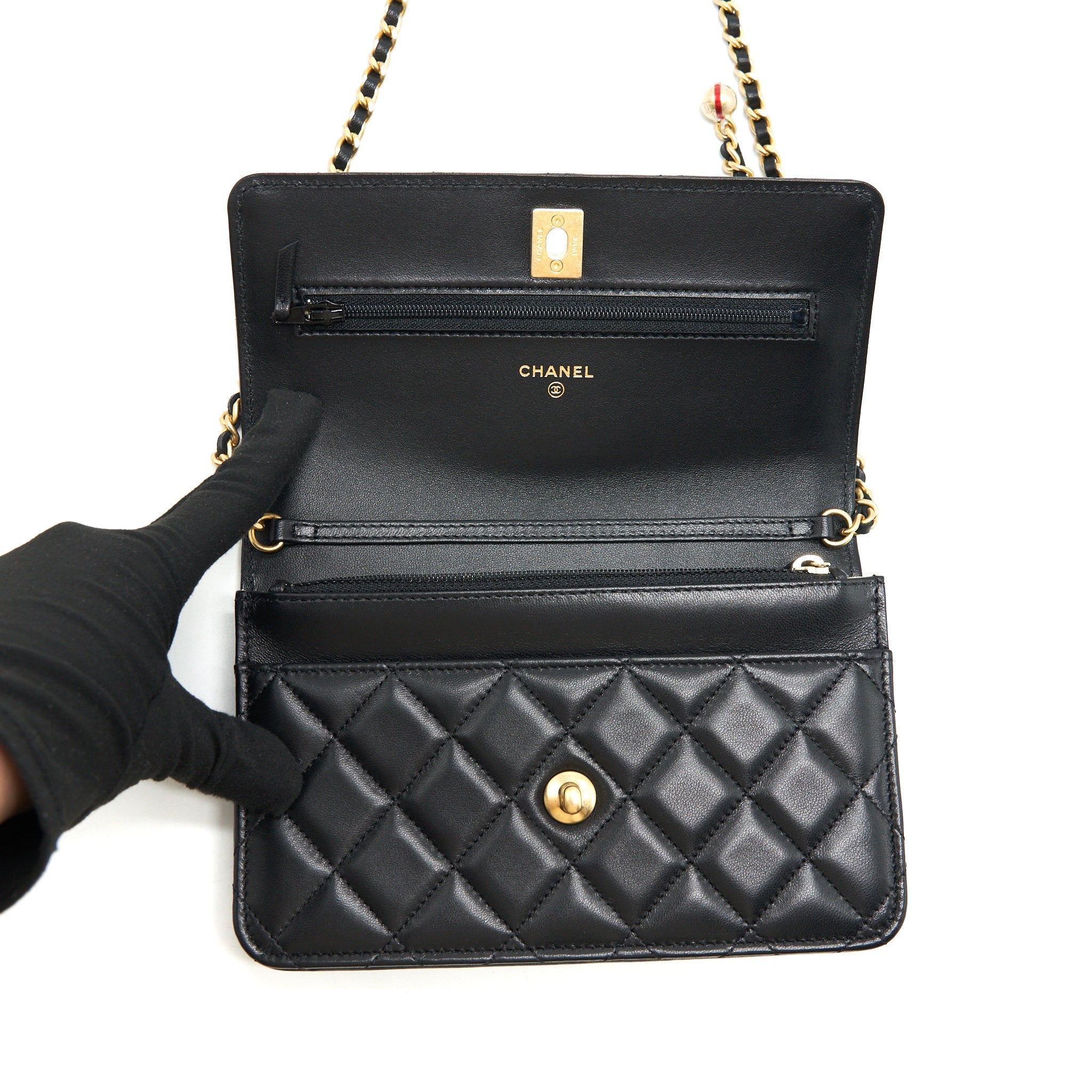 CHANEL PEARL CRUSH WALLET ON CHAIN LAMBSKIN BLACK GHW (MICROCHIP)