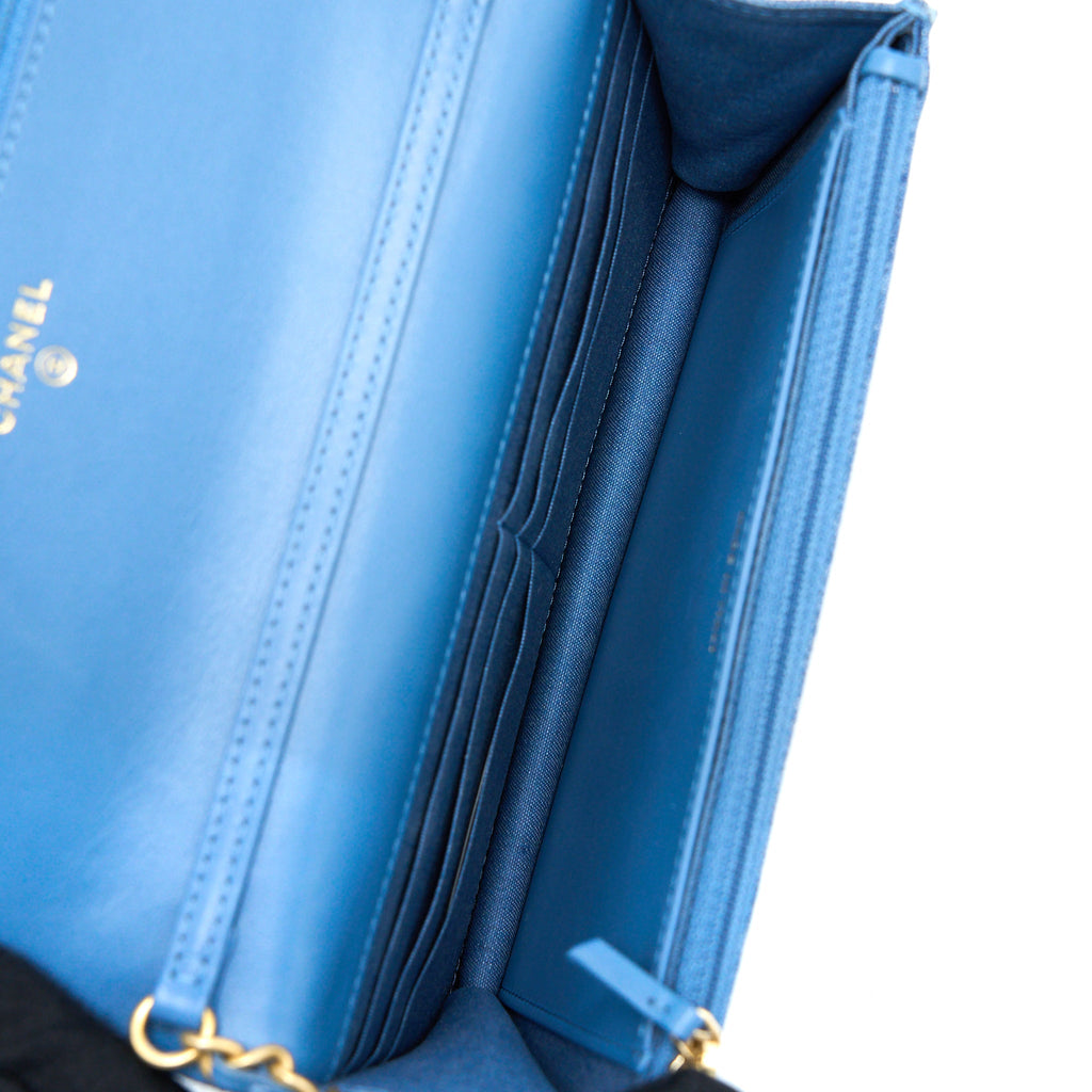 CHANEL PEARL CRUSH WALLET ON CHAIN DENIM LIGHT BLUE GHW (MICROCHIP)