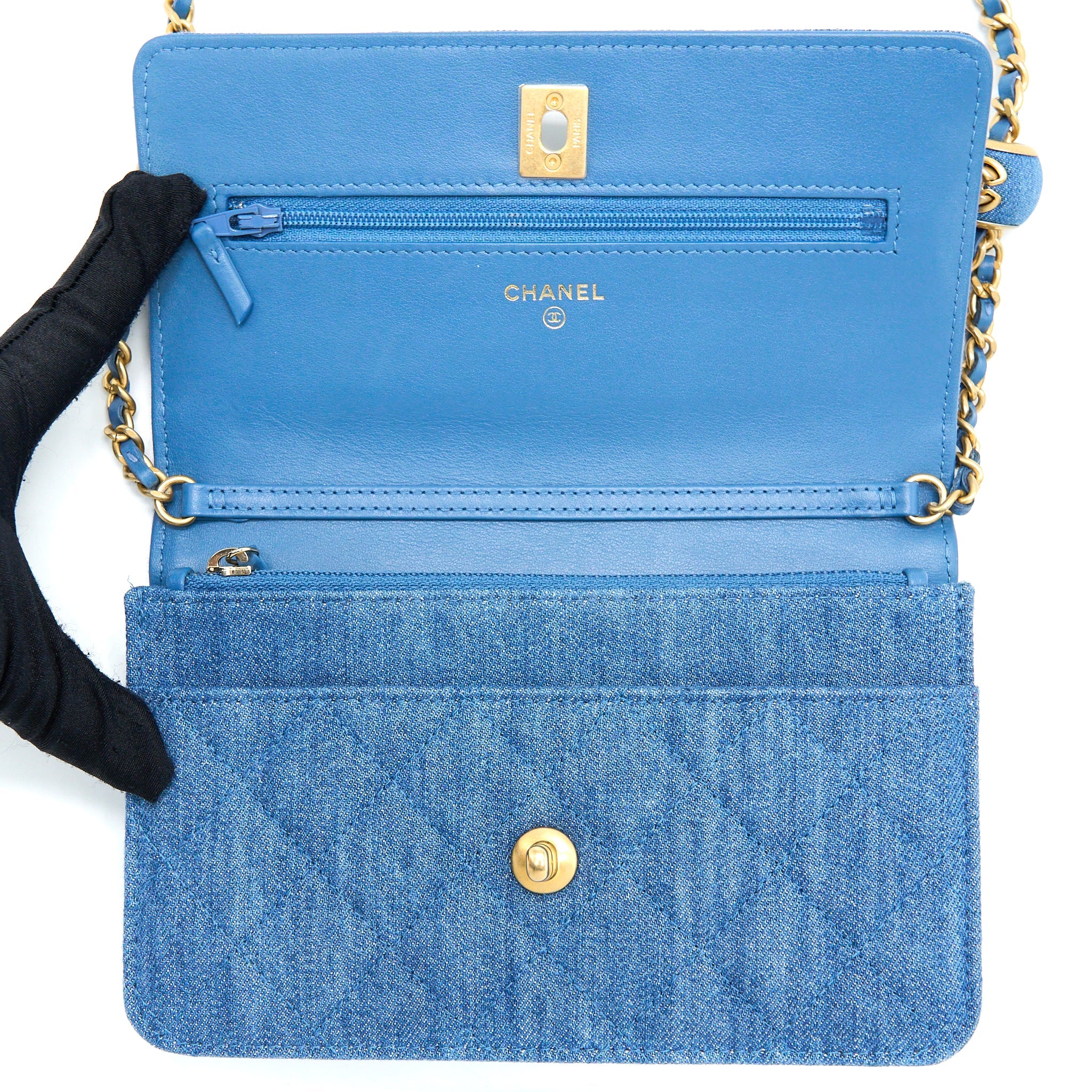 CHANEL PEARL CRUSH WALLET ON CHAIN DENIM LIGHT BLUE GHW (MICROCHIP)