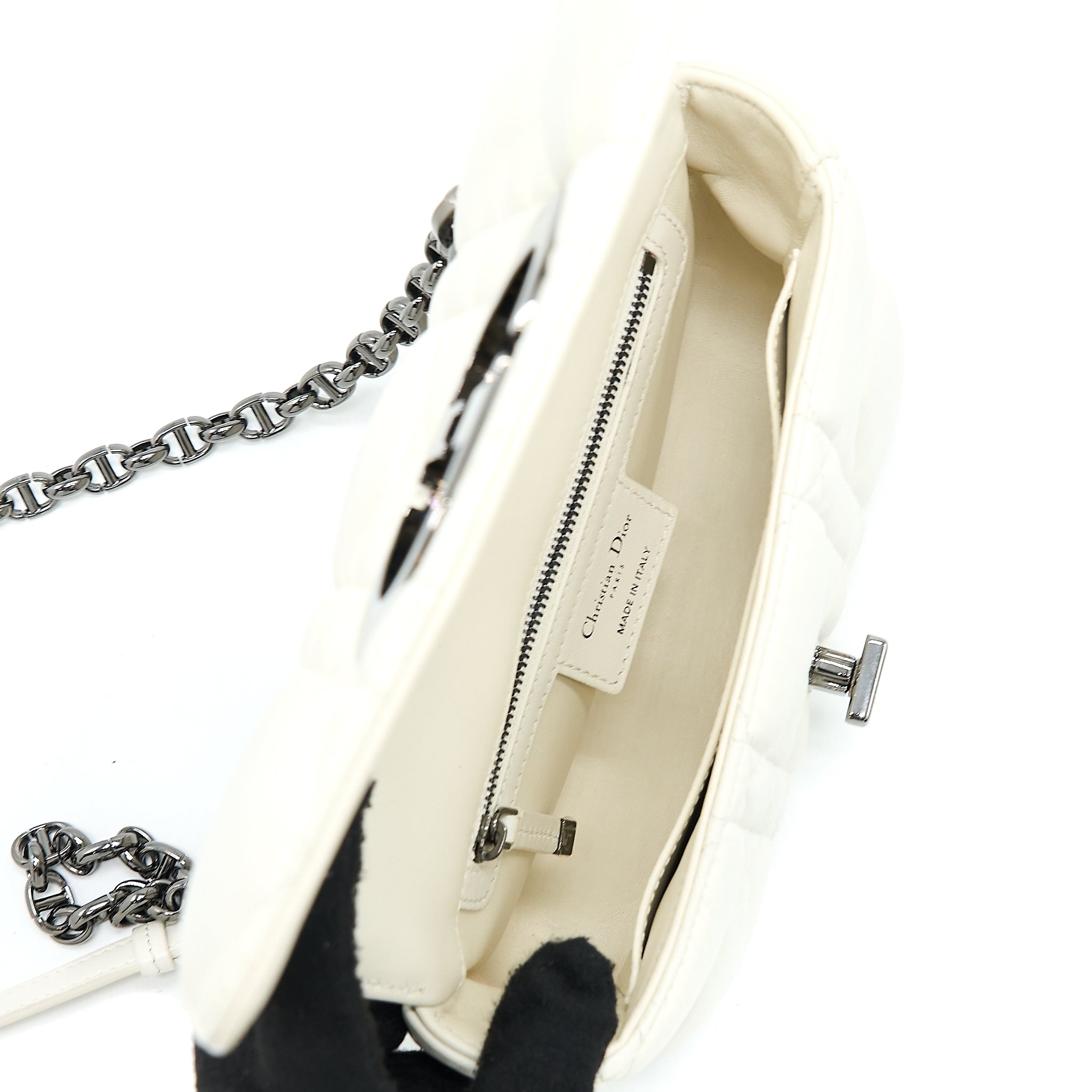 DIOR SMALL DIOR CARO BAG LATTE QUILTED MACROCANNAGE CALFSKIN WHITE BLACK HARDWARE