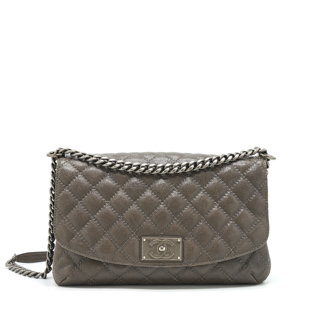 CHANEL FLAP BAG CAVIAR DARK GREY RUTHENIUM SLIVER HARDWARE