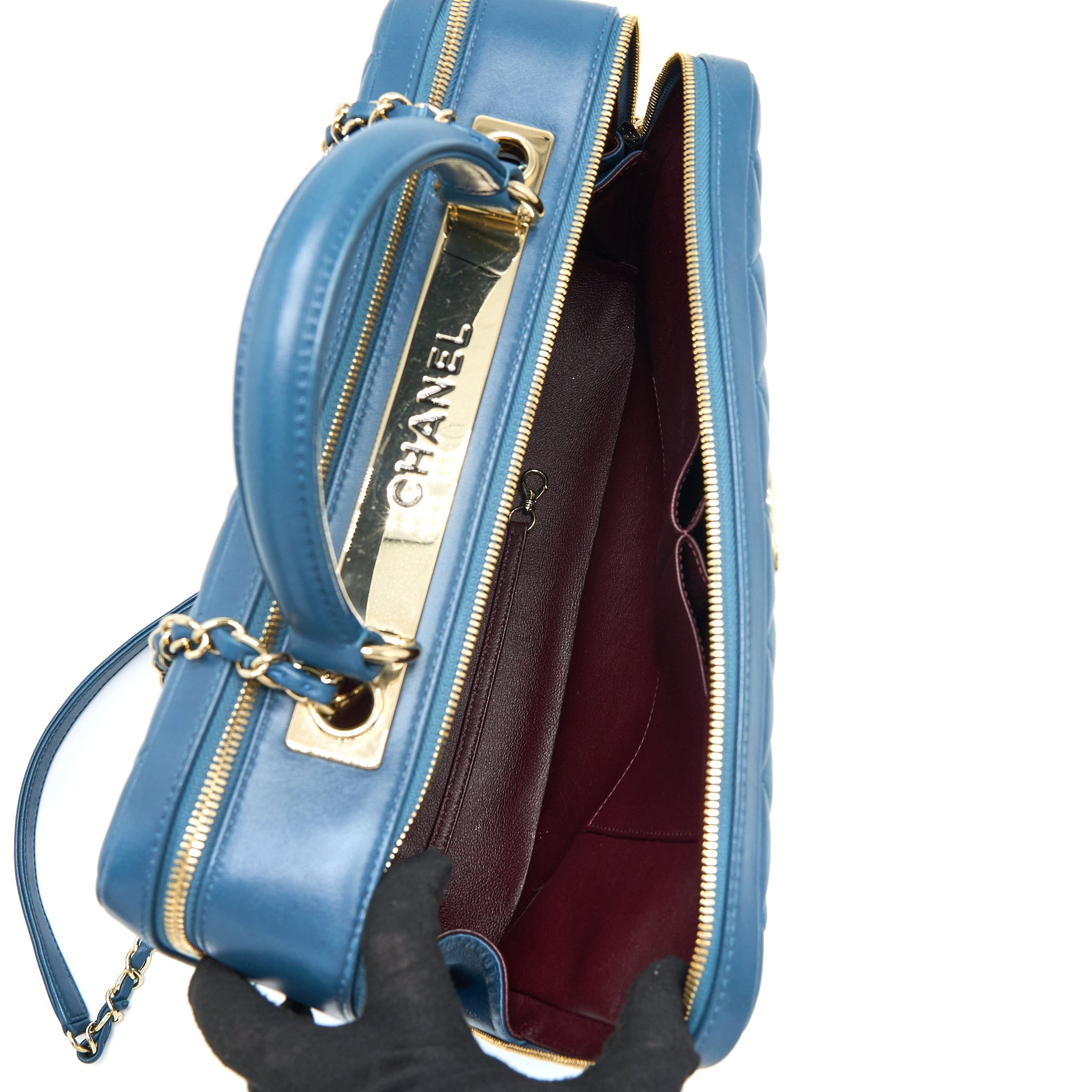 CHANEL QUILTED LARGE TRENDY CC BOWLING BAG LAMBSKIN BLUE LGHW