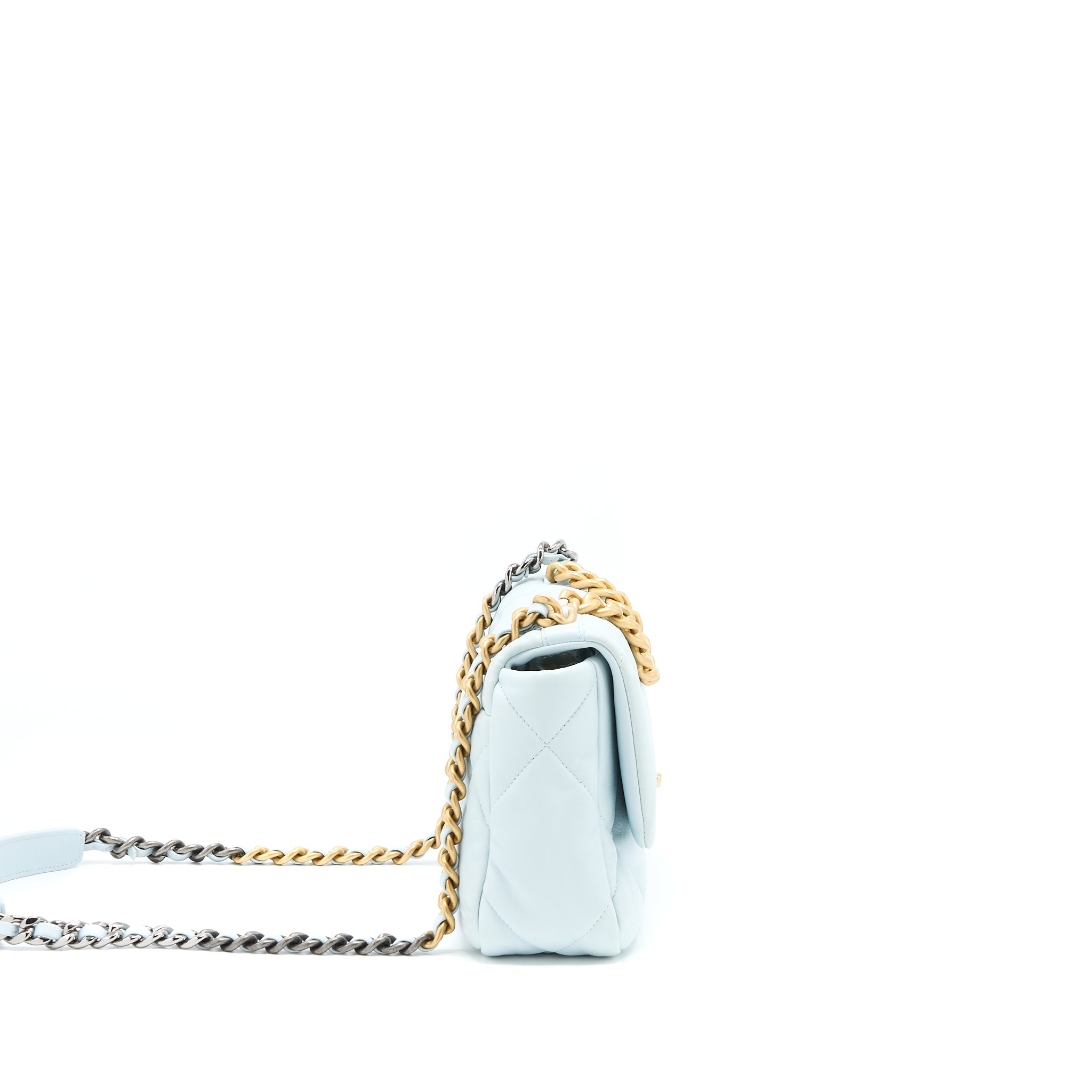 CHANEL SMALL 19 BAG LAMBSKIN LIGHT BLUE MULTICOLOUR HARDWARE (MICROCHIP)