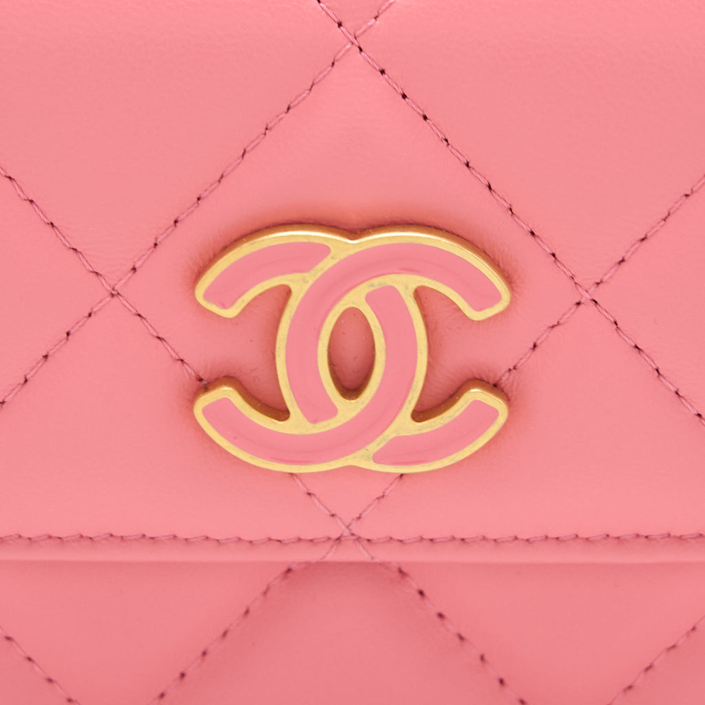 CHANEL MINI FLAP WAIST BAG ENAMEL LOGO LAMBSKIN PINK GHW