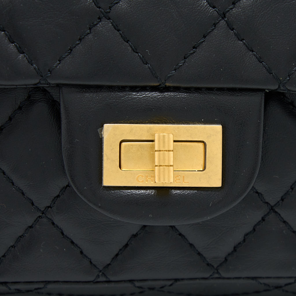 CHANEL MINI 2.55 REISSUE FLAP BAG AGED CALFSKIN BLACK BRUSHED GHW (MICROCHIP)