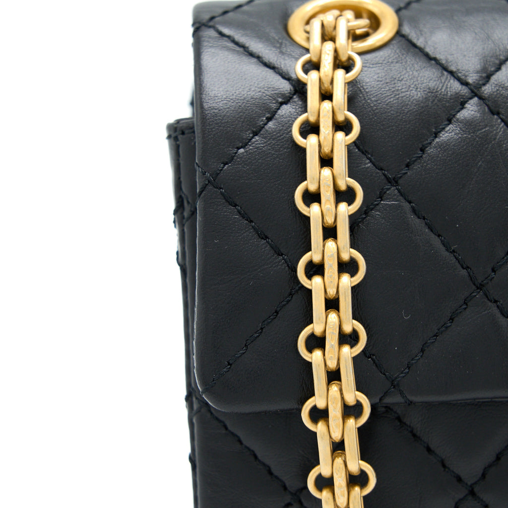 CHANEL MINI 2.55 REISSUE FLAP BAG AGED CALFSKIN BLACK BRUSHED GHW (MICROCHIP)