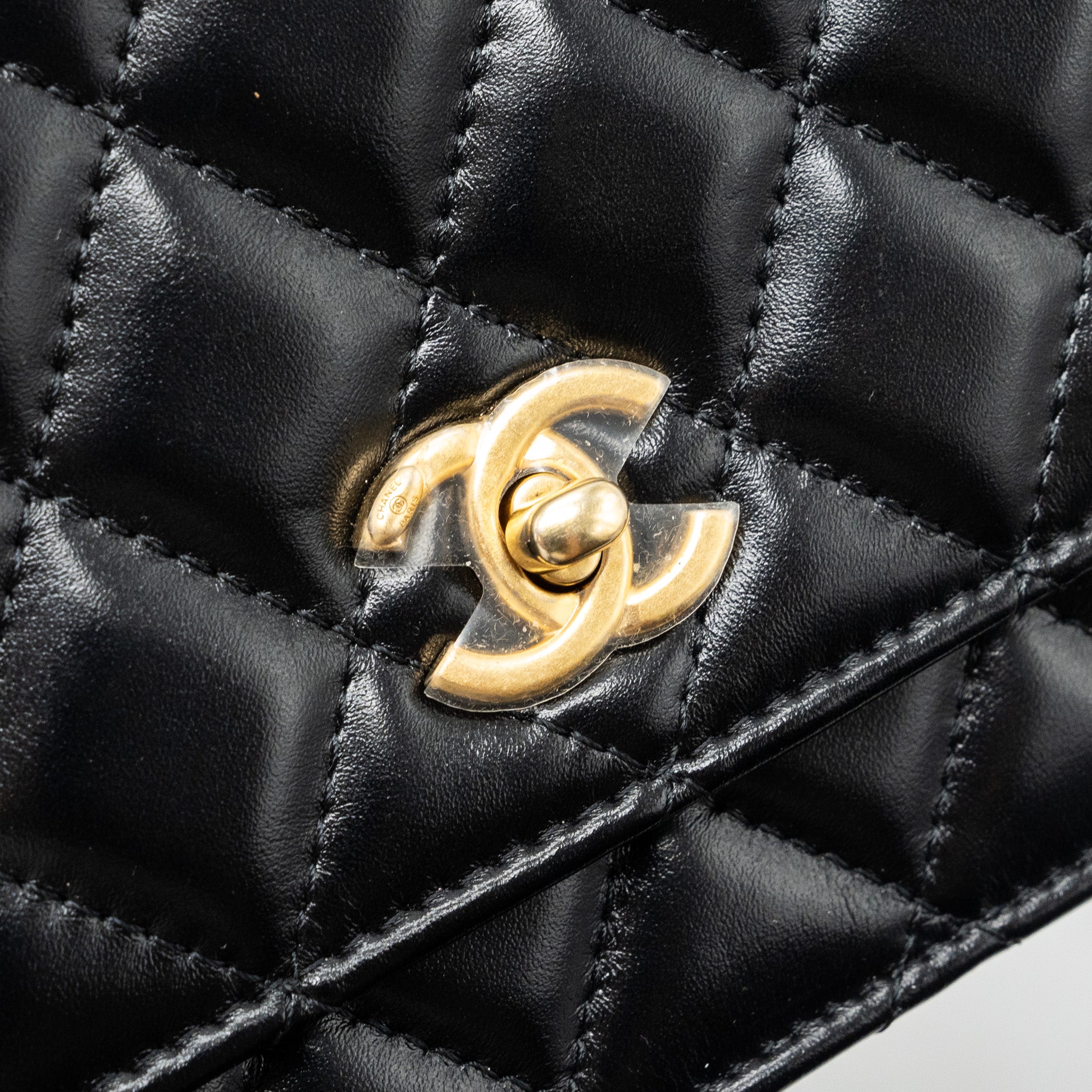 CHANEL LETTER LOGO TOP HANDLE FLAP WALLET ON CHAIN SHINY CALFSKIN BLACK GHW (MICROCHIP)