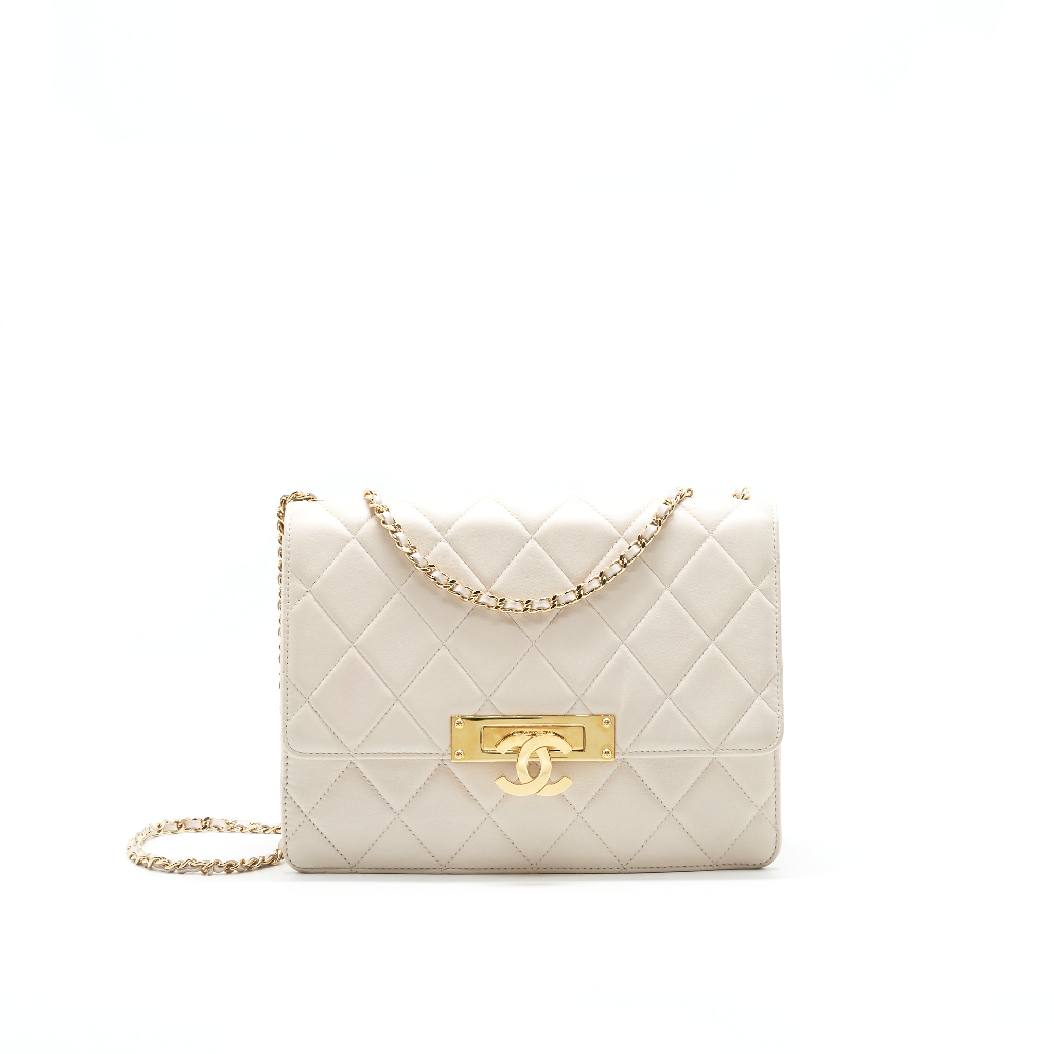 CHANEL CC LOGO FLAP BAG WITH CHAIN QUILTED LAMBSKIN IVORY WHITE
