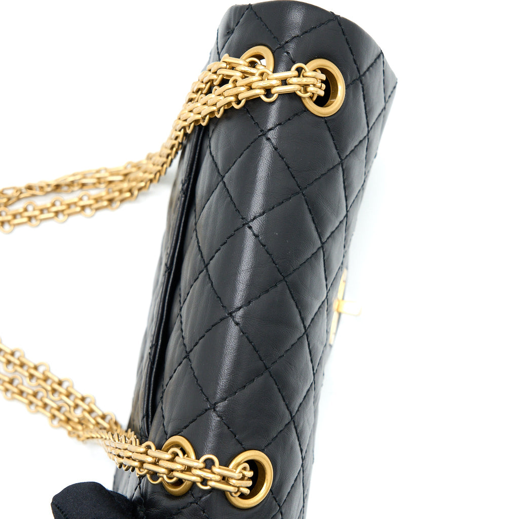 CHANEL MINI 2.55 REISSUE FLAP BAG AGED CALFSKIN BLACK BRUSHED GHW (MICROCHIP)