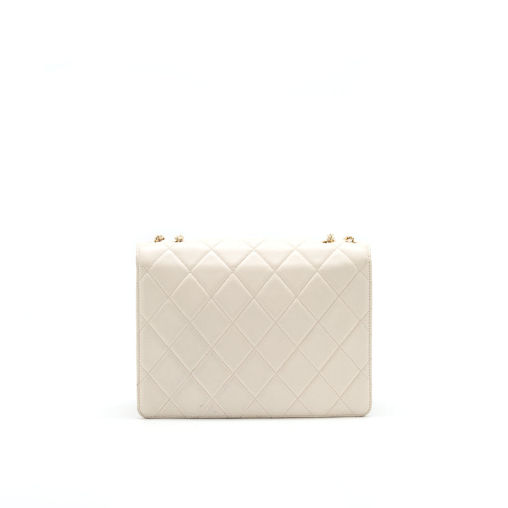 CHANEL CC LOGO FLAP BAG WITH CHAIN QUILTED LAMBSKIN IVORY WHITE