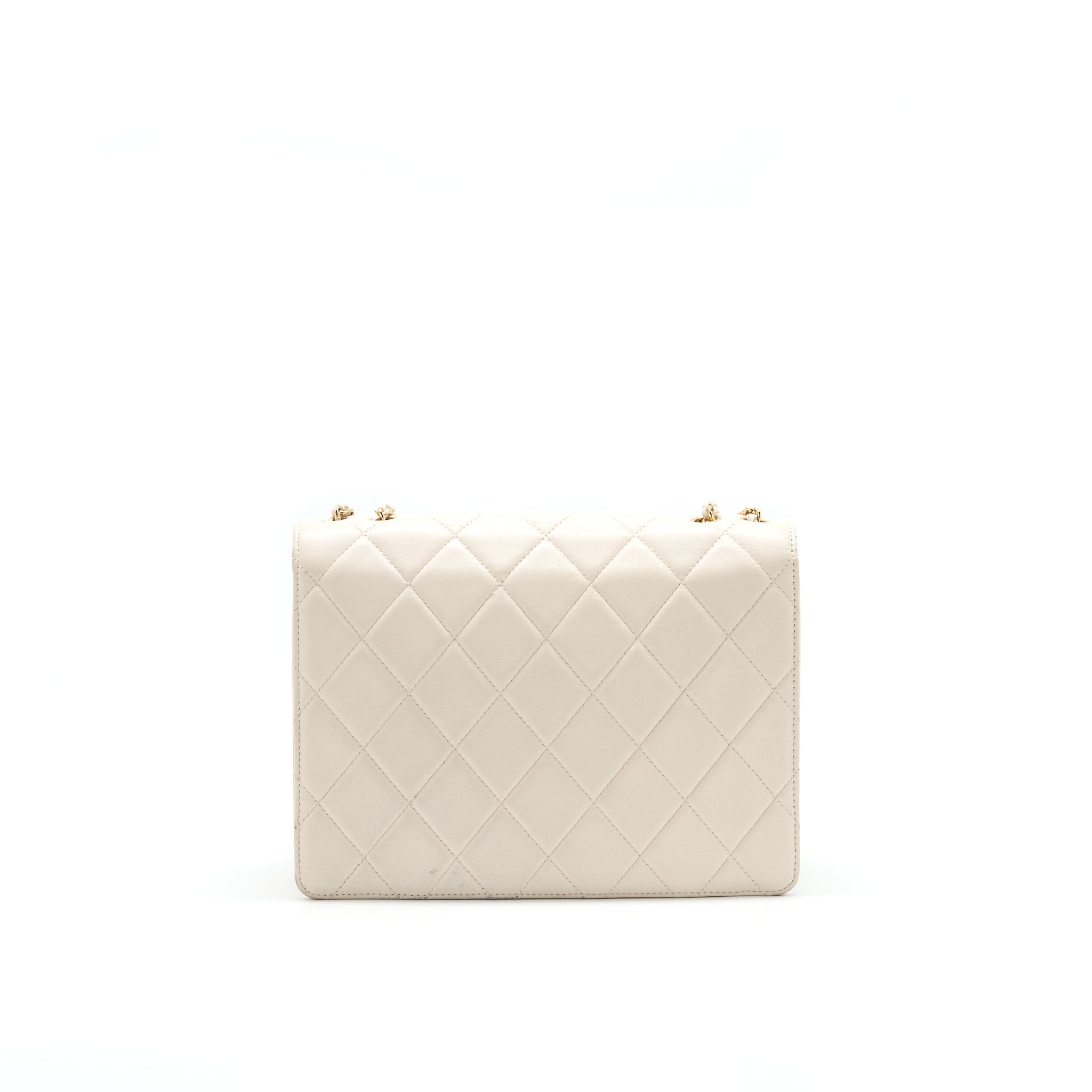 CHANEL CC LOGO FLAP BAG WITH CHAIN QUILTED LAMBSKIN IVORY WHITE