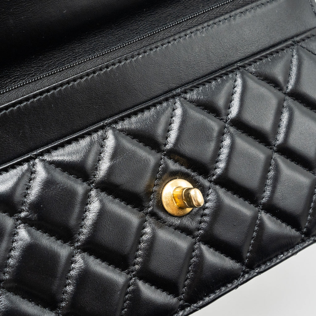 CHANEL LETTER LOGO TOP HANDLE FLAP WALLET ON CHAIN SHINY CALFSKIN BLACK GHW (MICROCHIP)