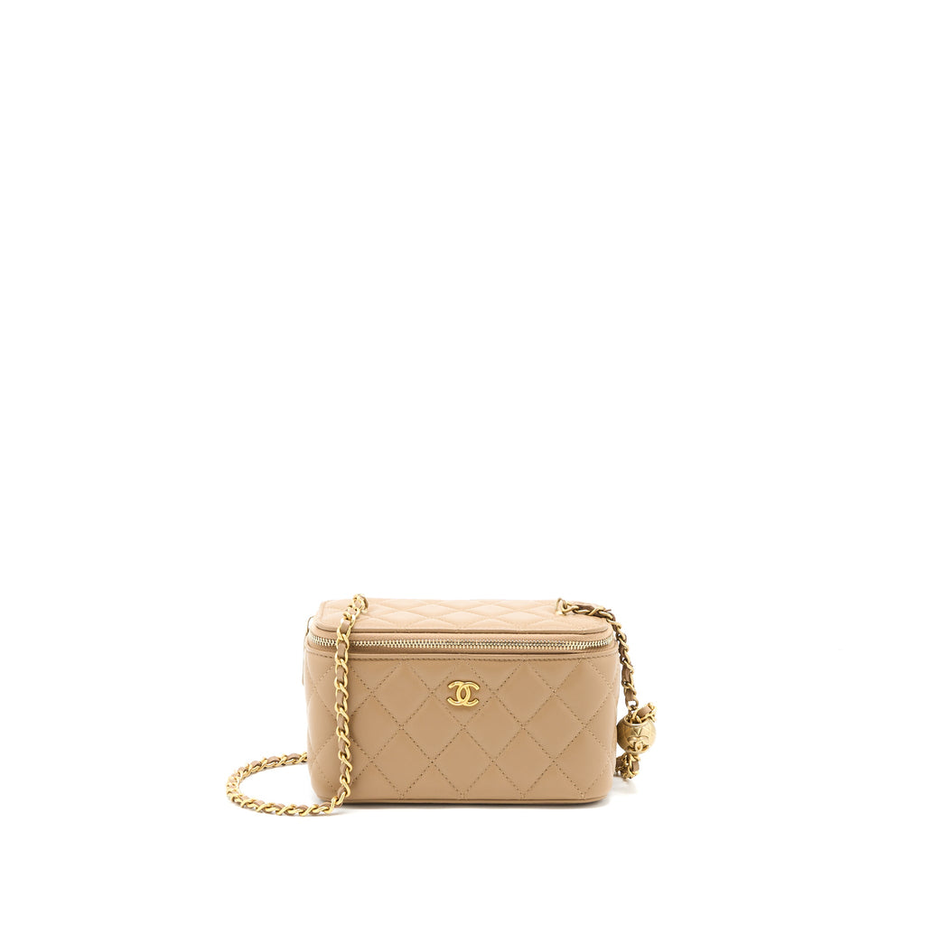 CHANEL PEARL CRUSH LONG VANITY CASE LAMBSKIN DARK BEIGE GHW