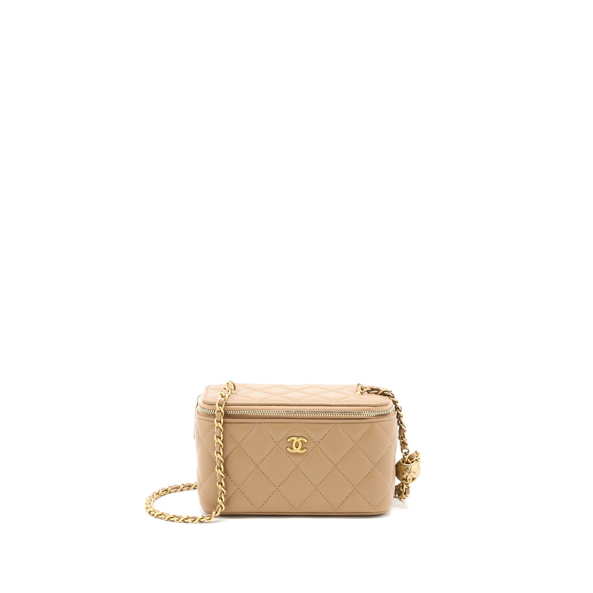 CHANEL PEARL CRUSH LONG VANITY CASE LAMBSKIN DARK BEIGE GHW