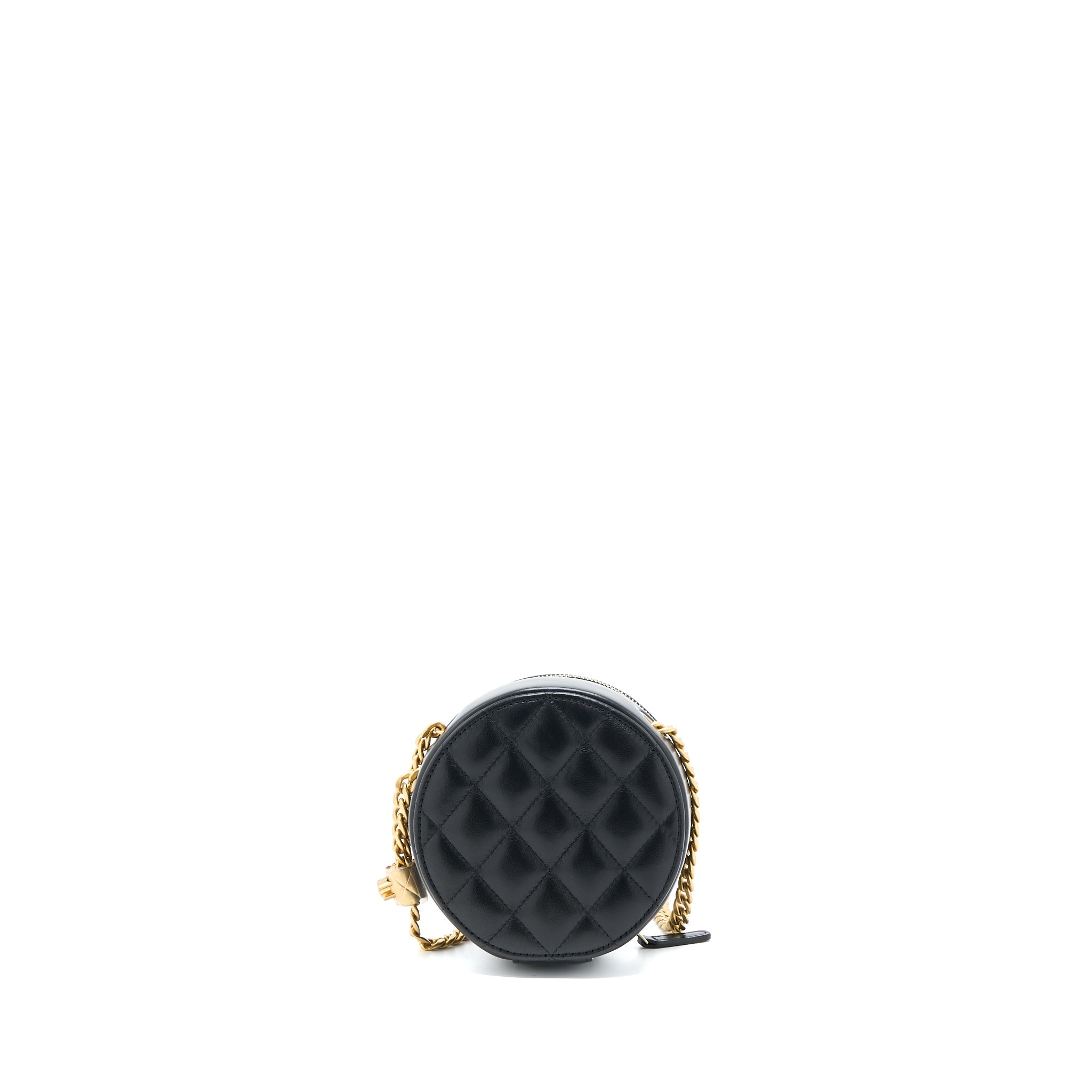 CHANEL 22K GOLD PILLAR ROUND CLUTCH WITH CHAIN LAMBSKIN BLACK BRUSHED GHW