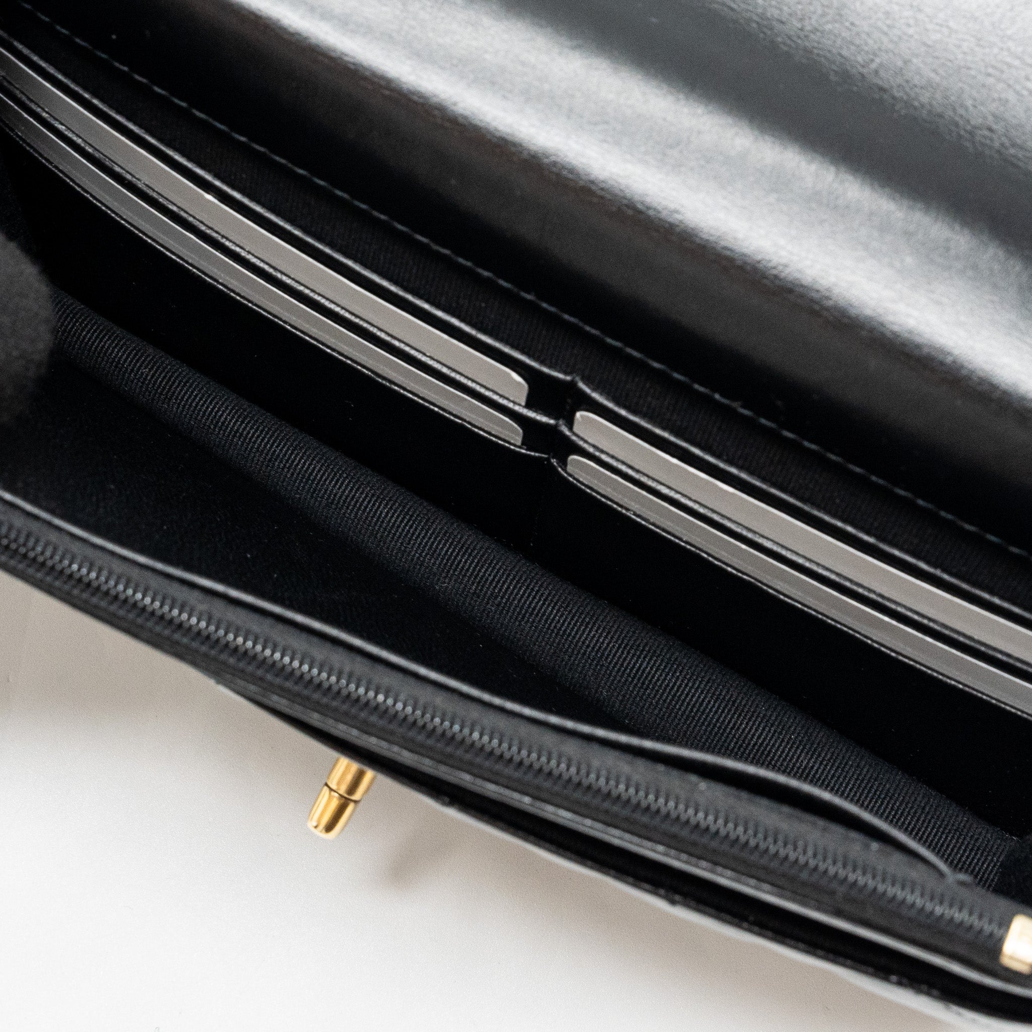 CHANEL LETTER LOGO TOP HANDLE FLAP WALLET ON CHAIN SHINY CALFSKIN BLACK GHW (MICROCHIP)