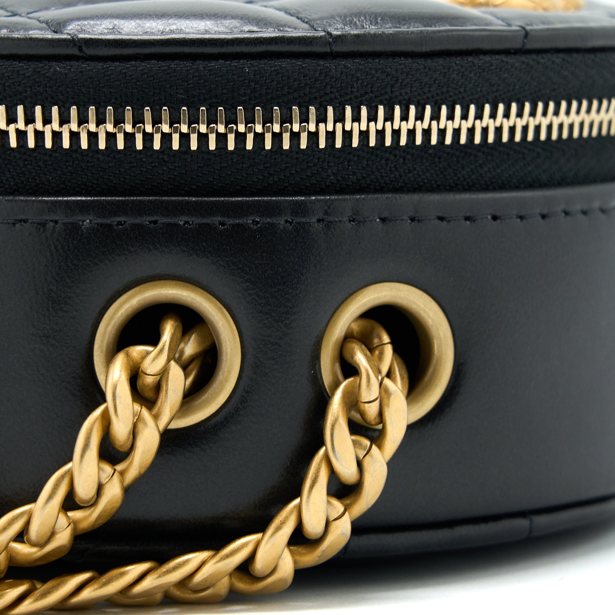 CHANEL 22K GOLD PILLAR ROUND CLUTCH WITH CHAIN LAMBSKIN BLACK BRUSHED GHW