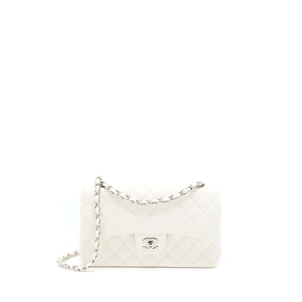 CHANEL MEDIUM CLASSIC DOUBLE FLAP BAG CAVIAR WHITE SHW (MICROCHIP)