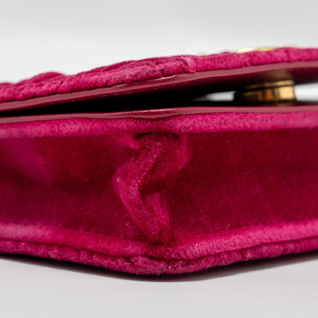 CHANEL 21A MINI CAMELIA FLAP BAG VELVET FUSHIA GHW