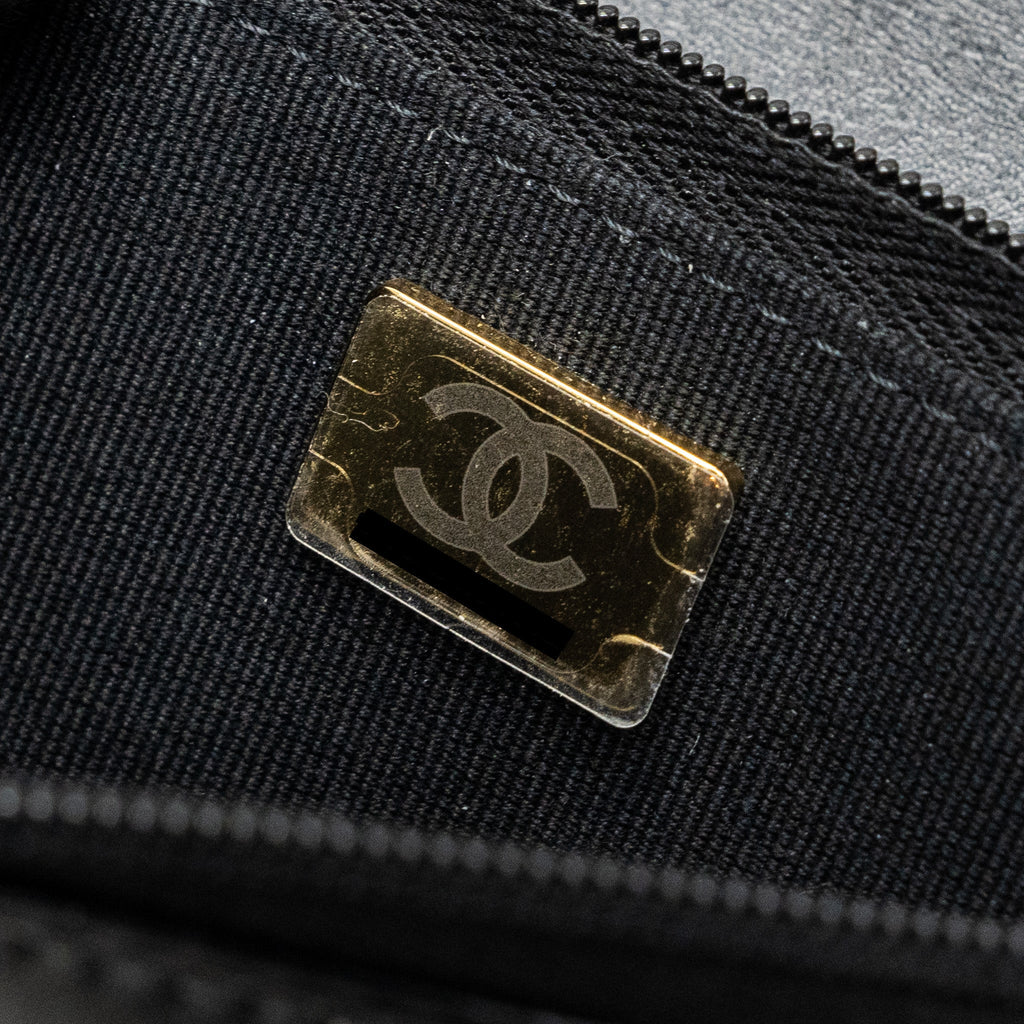 CHANEL LETTER LOGO TOP HANDLE FLAP WALLET ON CHAIN SHINY CALFSKIN BLACK GHW (MICROCHIP)