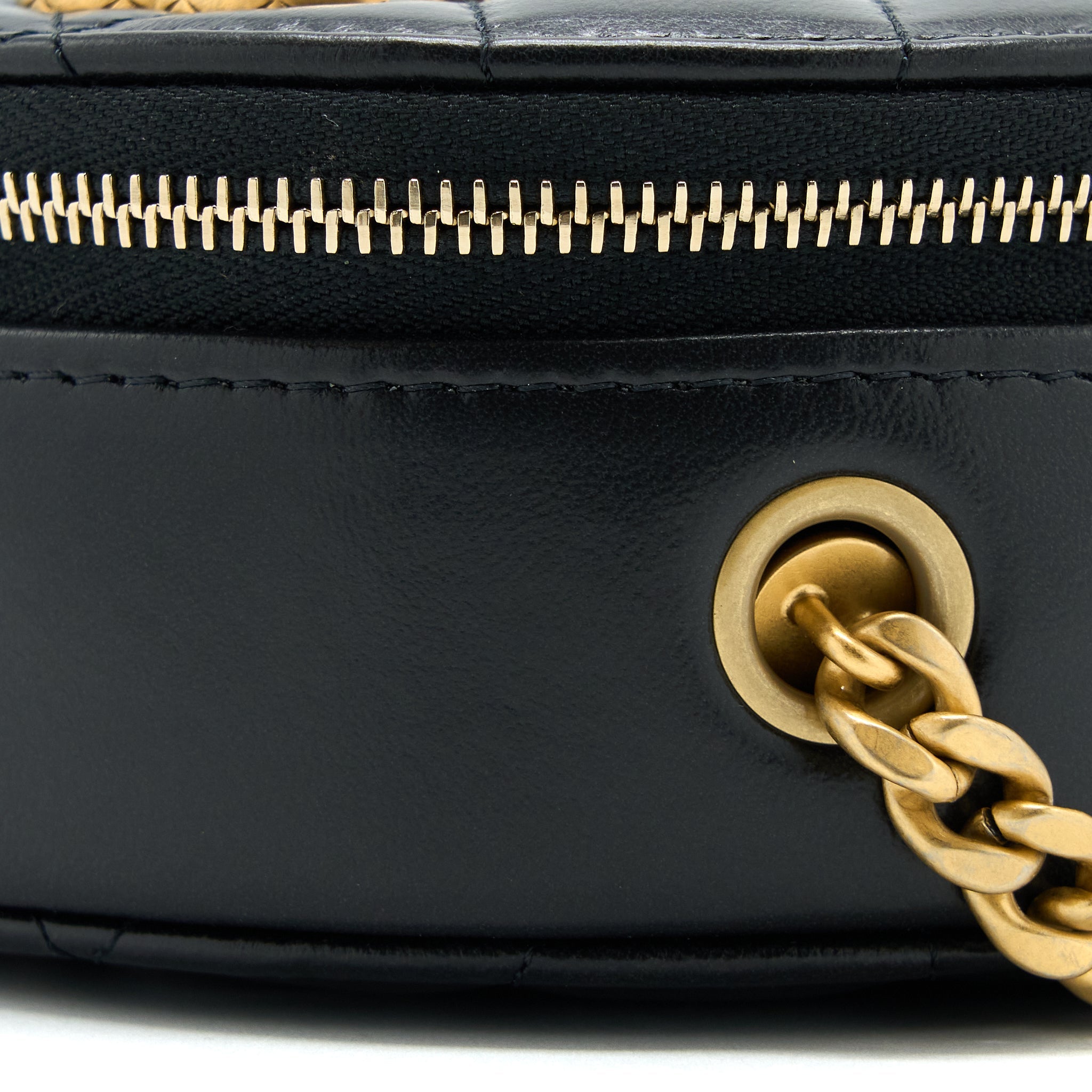 CHANEL 22K GOLD PILLAR ROUND CLUTCH WITH CHAIN LAMBSKIN BLACK BRUSHED GHW