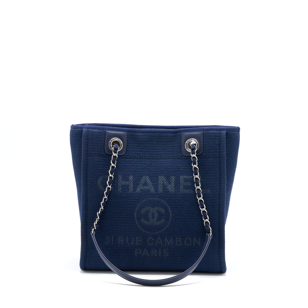 CHANEL PM DEAUVILLE TOTE BAG CANVAS NAVY SHW (MICROCHIP)