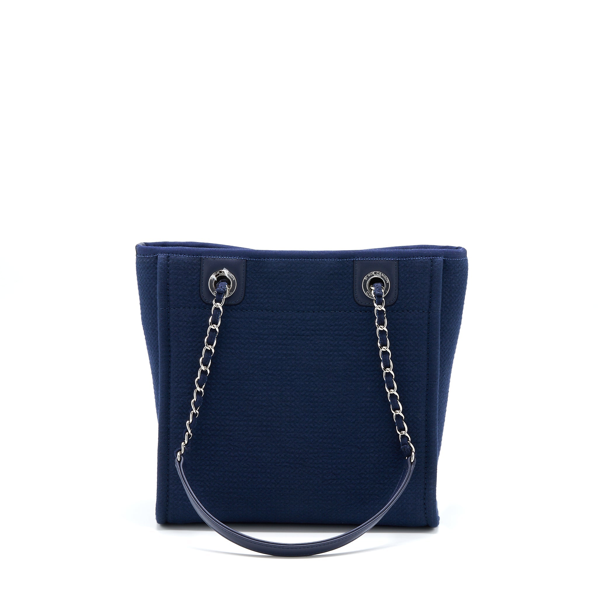 CHANEL PM DEAUVILLE TOTE BAG CANVAS NAVY SHW (MICROCHIP)