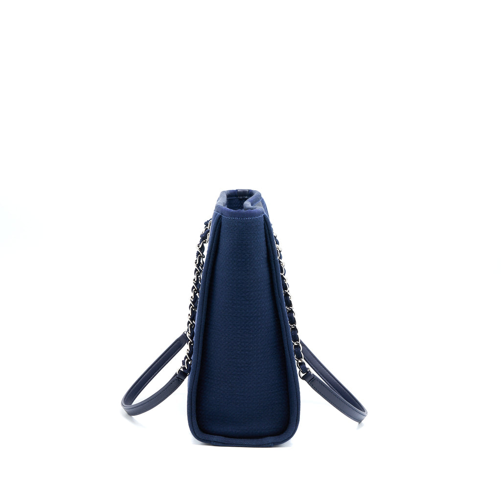 CHANEL PM DEAUVILLE TOTE BAG CANVAS NAVY SHW (MICROCHIP)
