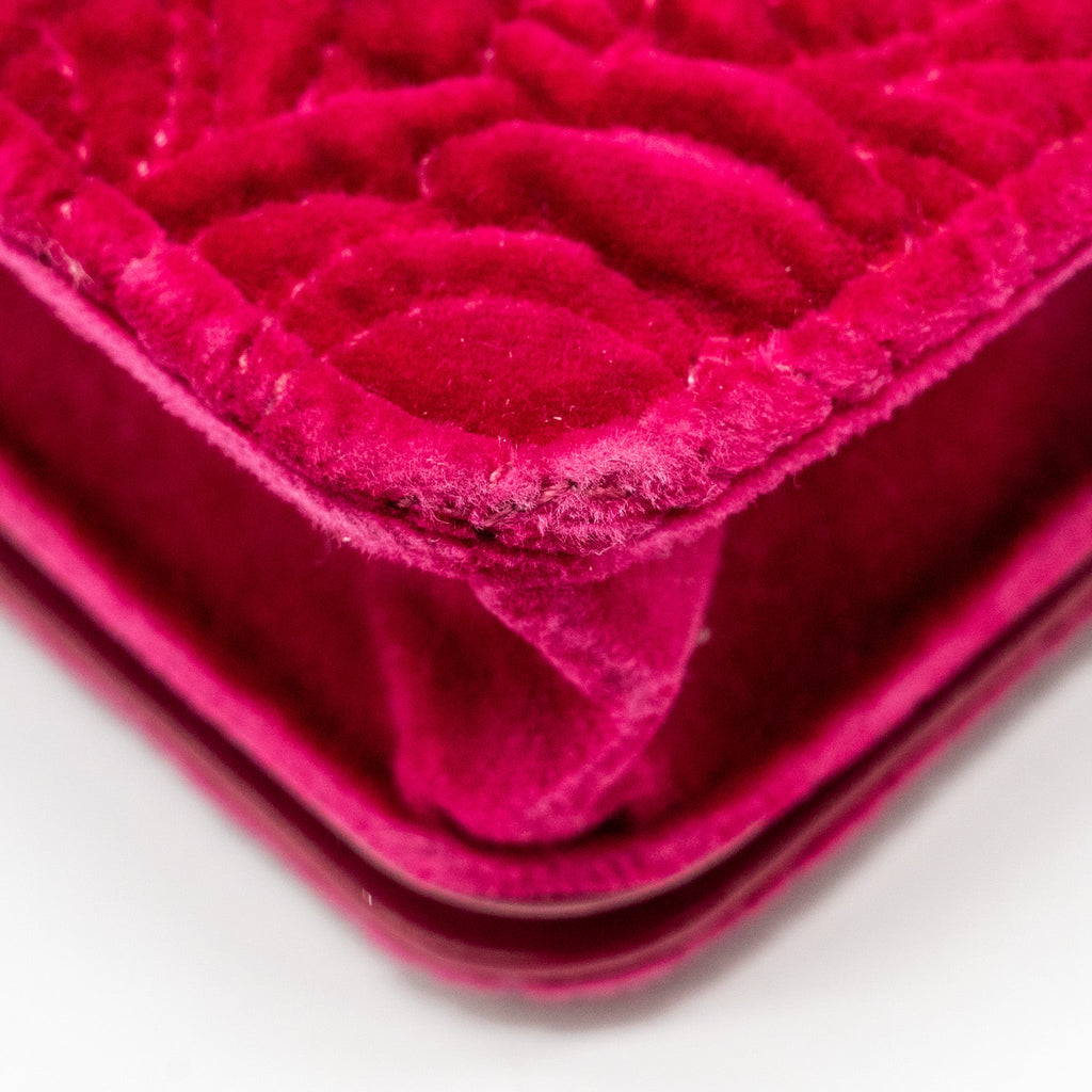 CHANEL 21A MINI CAMELIA FLAP BAG VELVET FUSHIA GHW