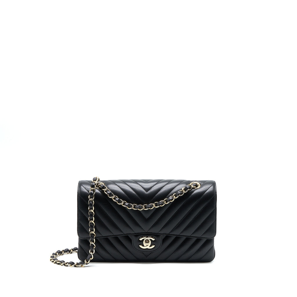 CHANEL MEDIUM CHEVRON CLASSIC DOUBLE FLAP LAMBSKIN BLACK LGHW