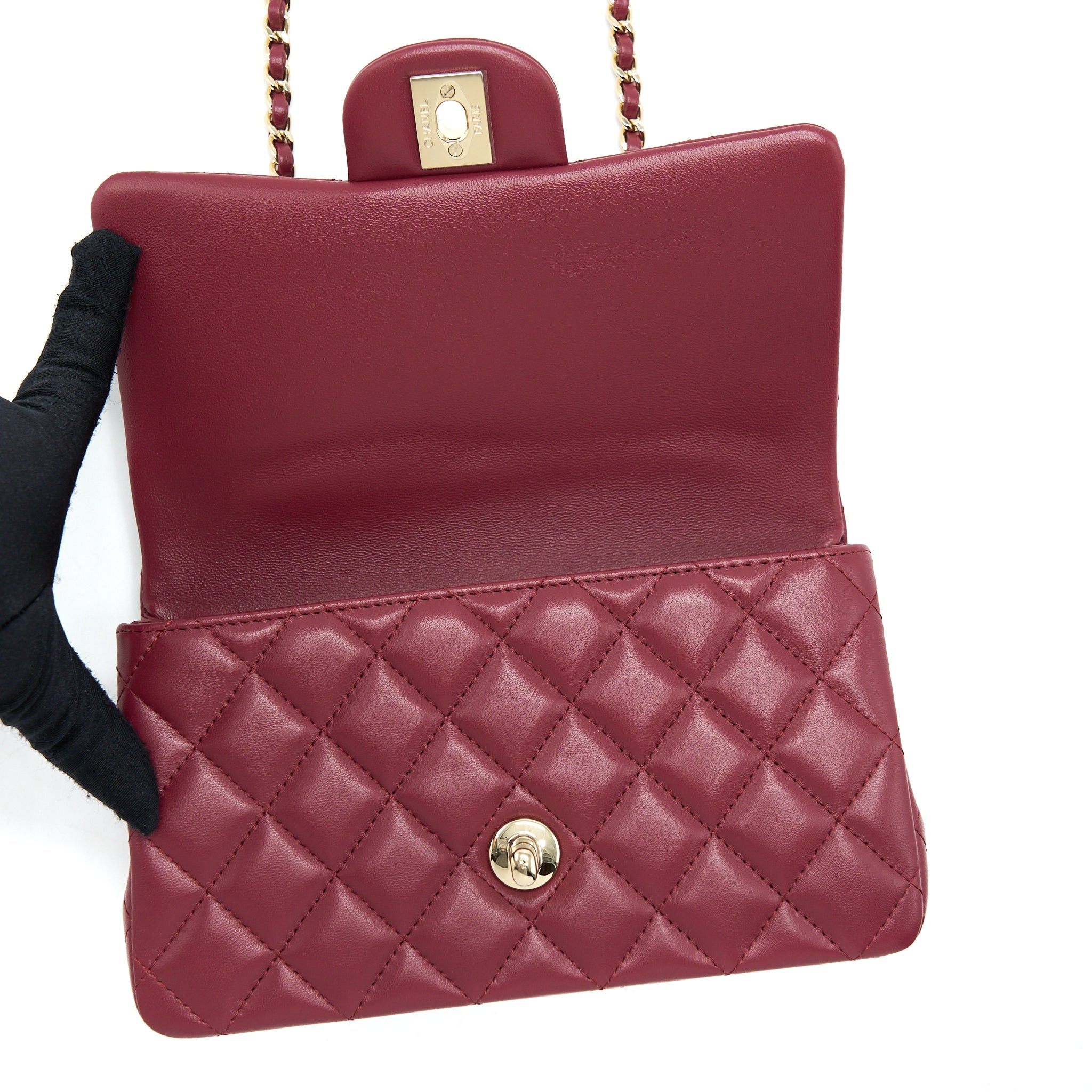 CHANEL 22A TOP HANDLE MINI RECTANGULAR FLAP BAG LAMBSKIN BURGUNDY LGHW