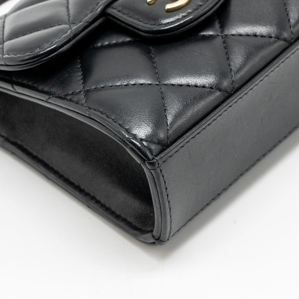 CHANEL TOP HANDLE MINI FLAP CLUTCH WITH CHAIN BLACK LAMBSKIN GHW (MICROCHIP)