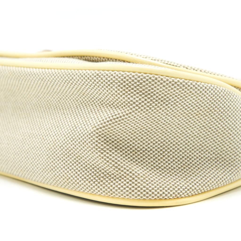 CHANEL BEIGE QUILTED CANVAS NO.5 CAMELLIA FLAP CREAMY SHOULDER BAG