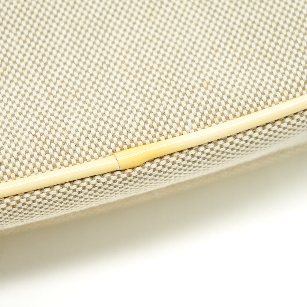 CHANEL BEIGE QUILTED CANVAS NO.5 CAMELLIA FLAP CREAMY SHOULDER BAG