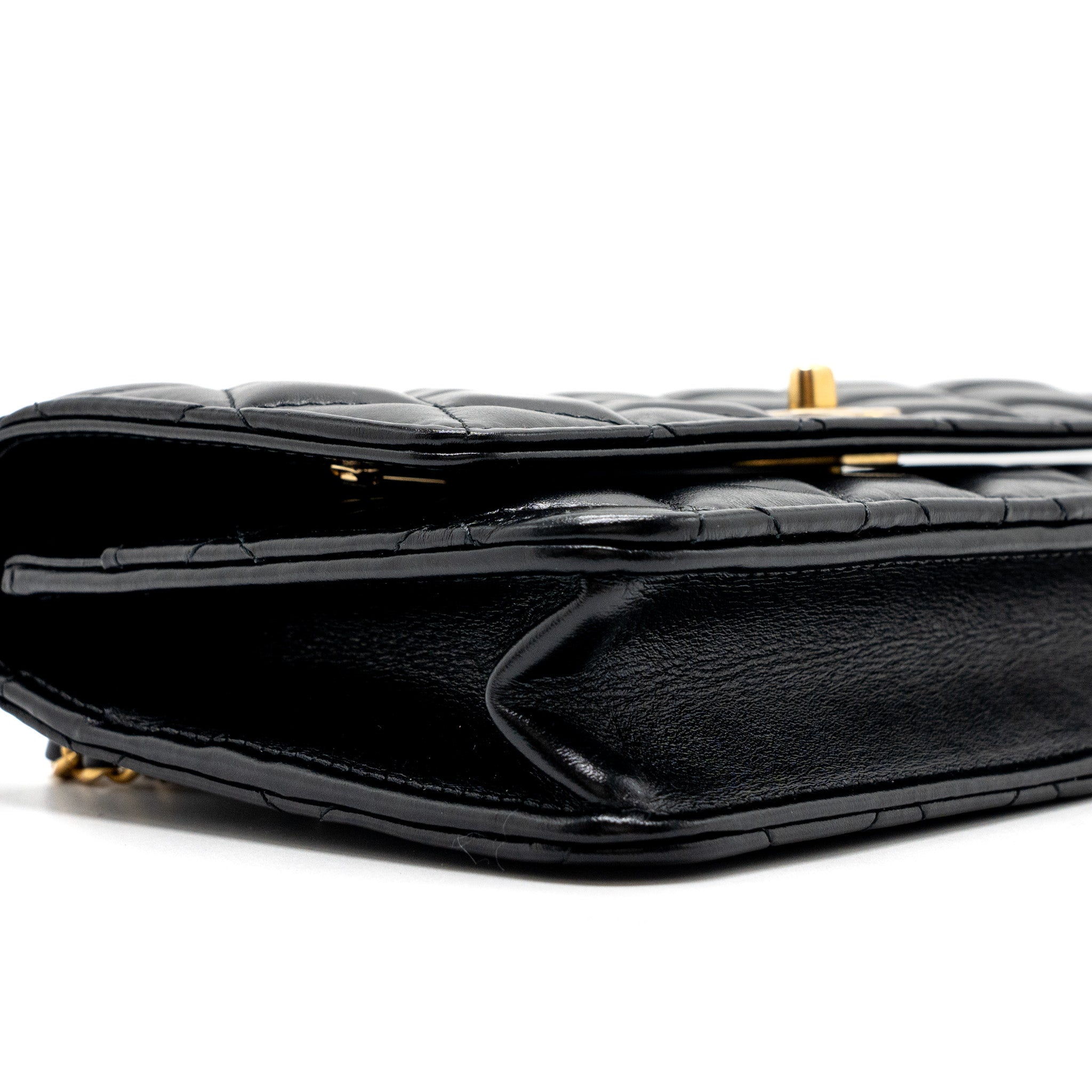 CHANEL LETTER LOGO TOP HANDLE FLAP WALLET ON CHAIN SHINY CALFSKIN BLACK GHW (MICROCHIP)