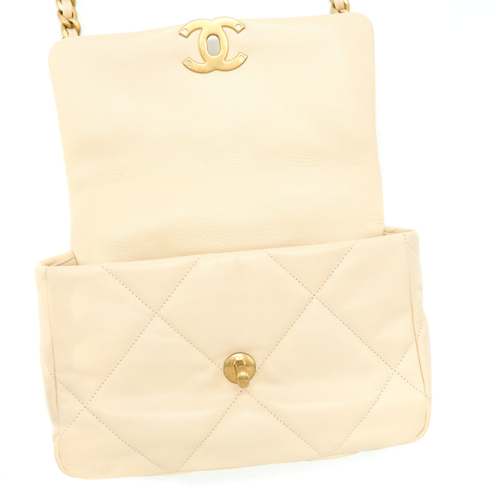 CHANEL SMALL 19 BAG GOATSKIN BEIGE WITH MULTICOLOUR HARDWARE