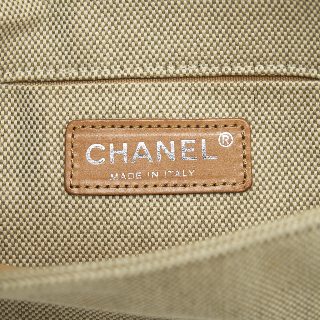 CHANEL BEIGE QUILTED CANVAS NO.5 CAMELLIA FLAP CREAMY SHOULDER BAG