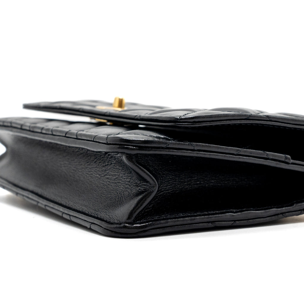 CHANEL LETTER LOGO TOP HANDLE FLAP WALLET ON CHAIN SHINY CALFSKIN BLACK GHW (MICROCHIP)