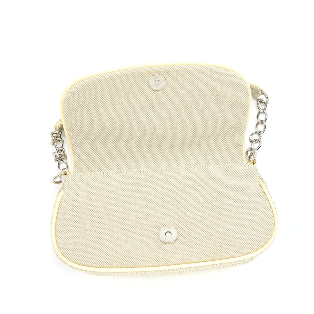 CHANEL BEIGE QUILTED CANVAS NO.5 CAMELLIA FLAP CREAMY SHOULDER BAG