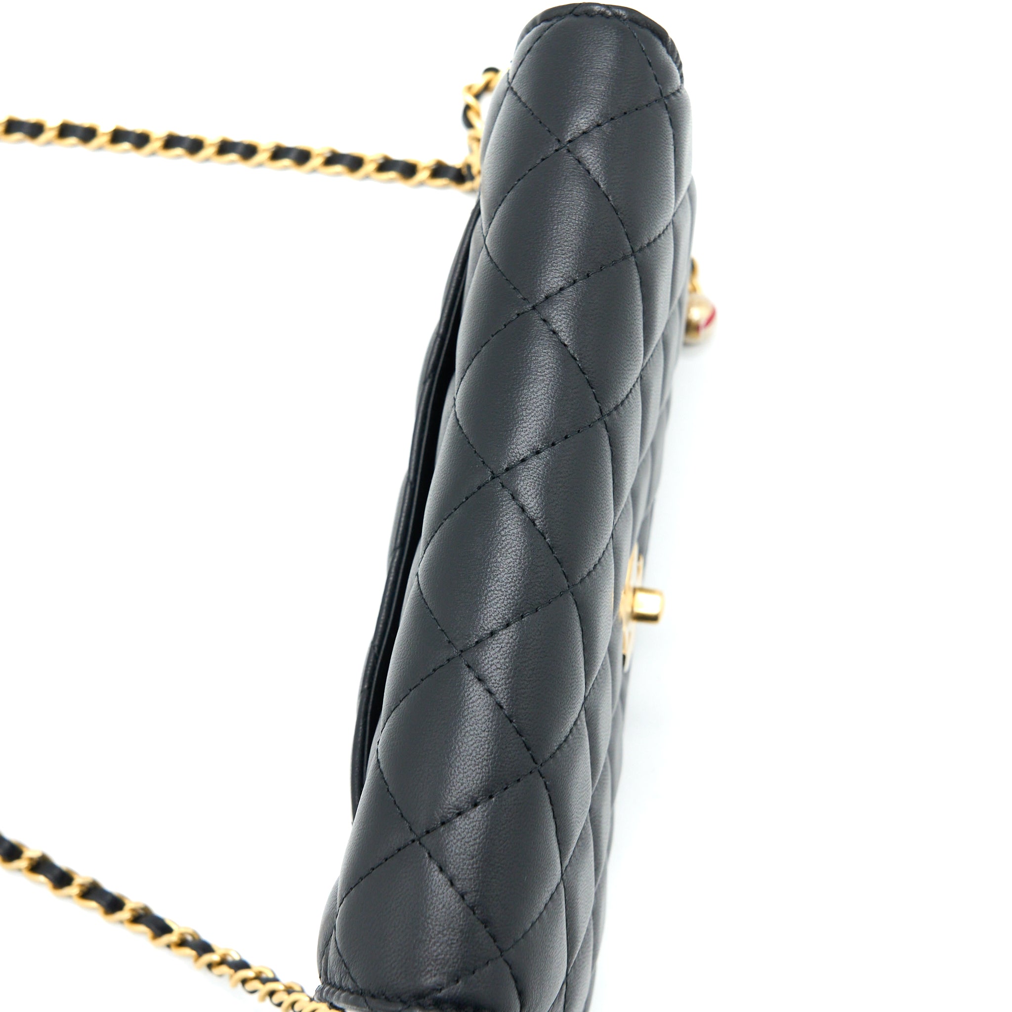 CHANEL PEARL CRUSH WALLET ON CHAIN LAMBSKIN BLACK BRUSHED GHW (MICROCHIP)