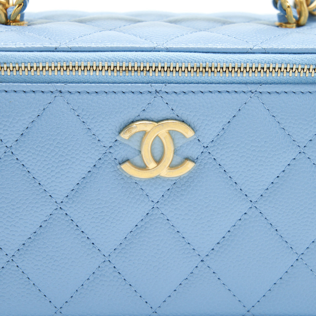 CHANEL 22S LETTER LOGO TOP HANDLE LONG VANITY WITH CHAIN CAVIAR LIGHT BLUE GHW