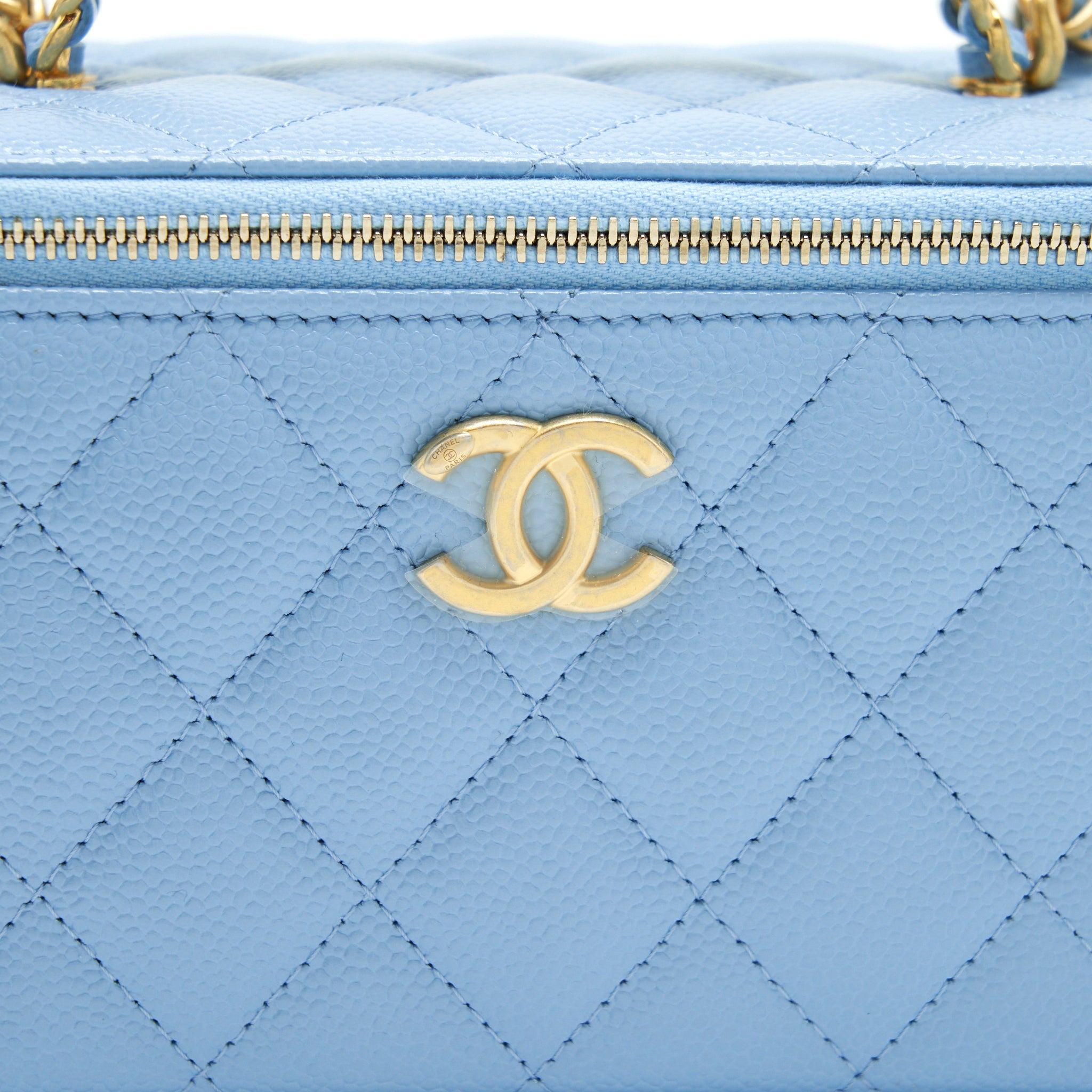 CHANEL 22S LETTER LOGO TOP HANDLE LONG VANITY WITH CHAIN CAVIAR LIGHT BLUE GHW