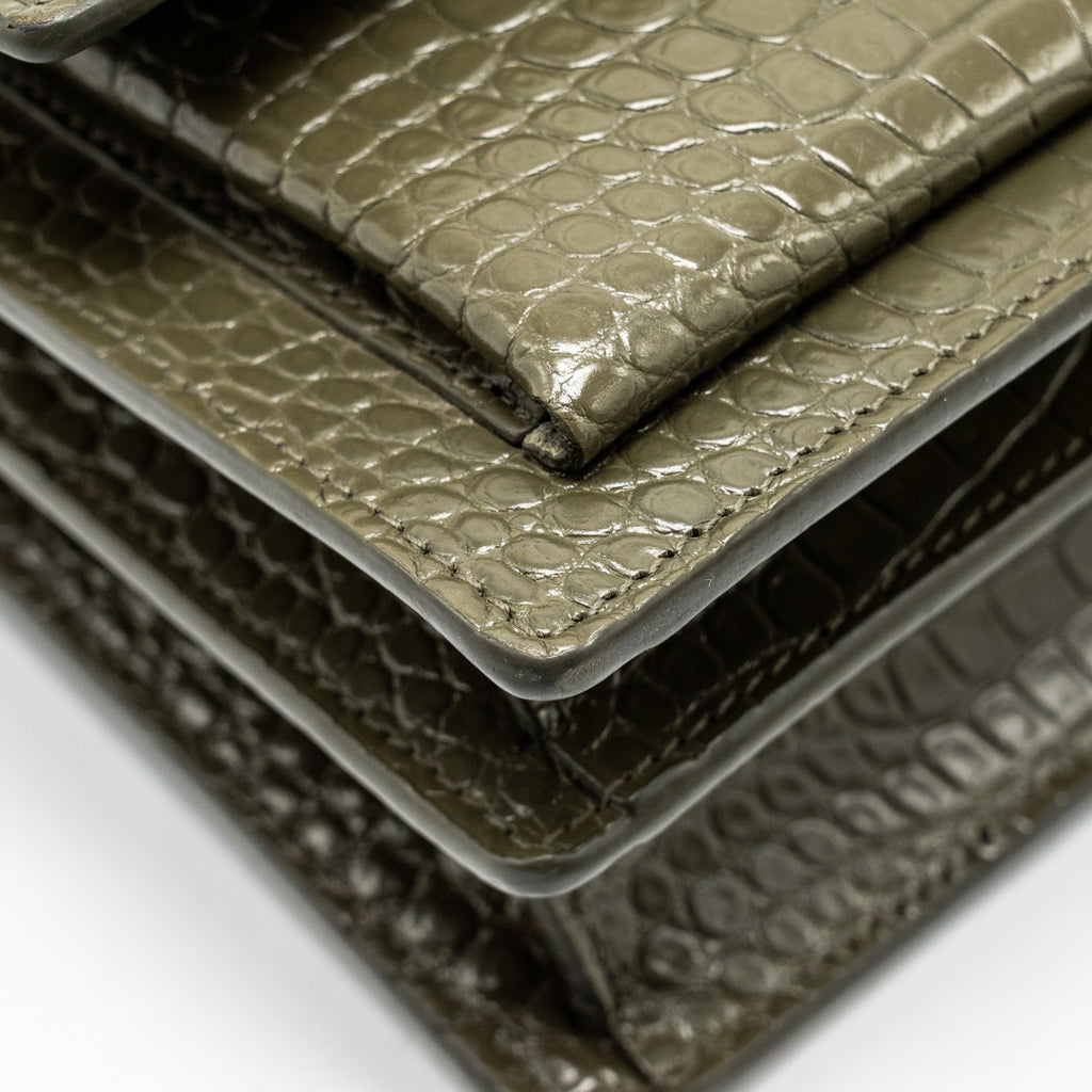 SAINT LAURENT/YSL SUNSET BAG CROC-EMBOSSED CALFSKIN KHAKI SHW