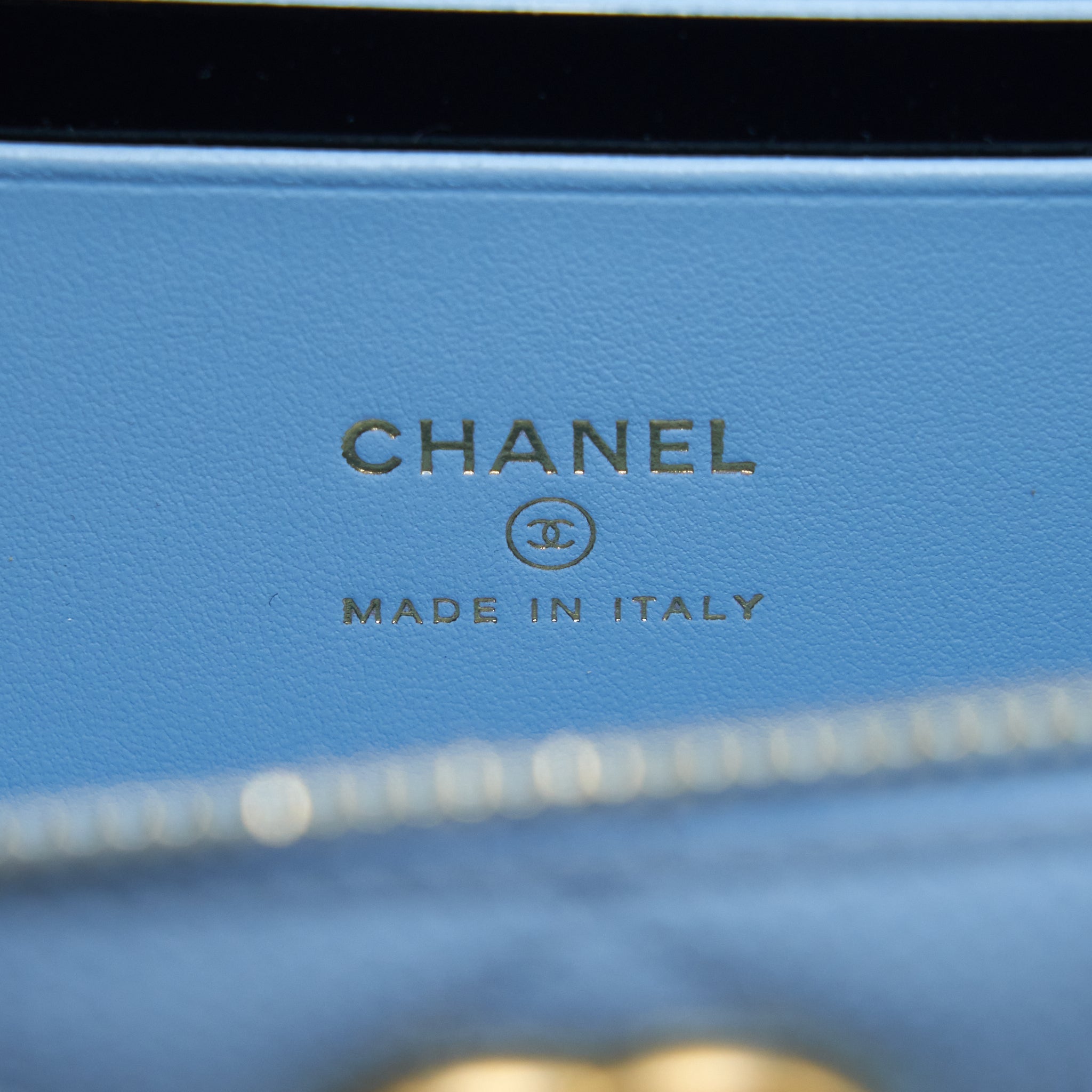 CHANEL 22S LETTER LOGO TOP HANDLE LONG VANITY WITH CHAIN CAVIAR LIGHT BLUE GHW