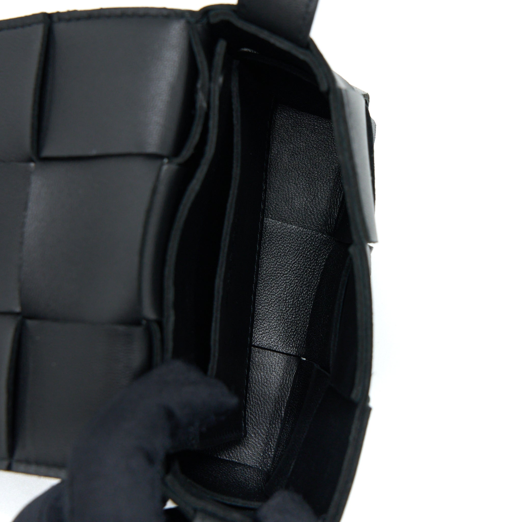 BOTTEGA VENETA MINI CASSETTE INTRECCIATO CROSSBODY BAG BLACK LGHW