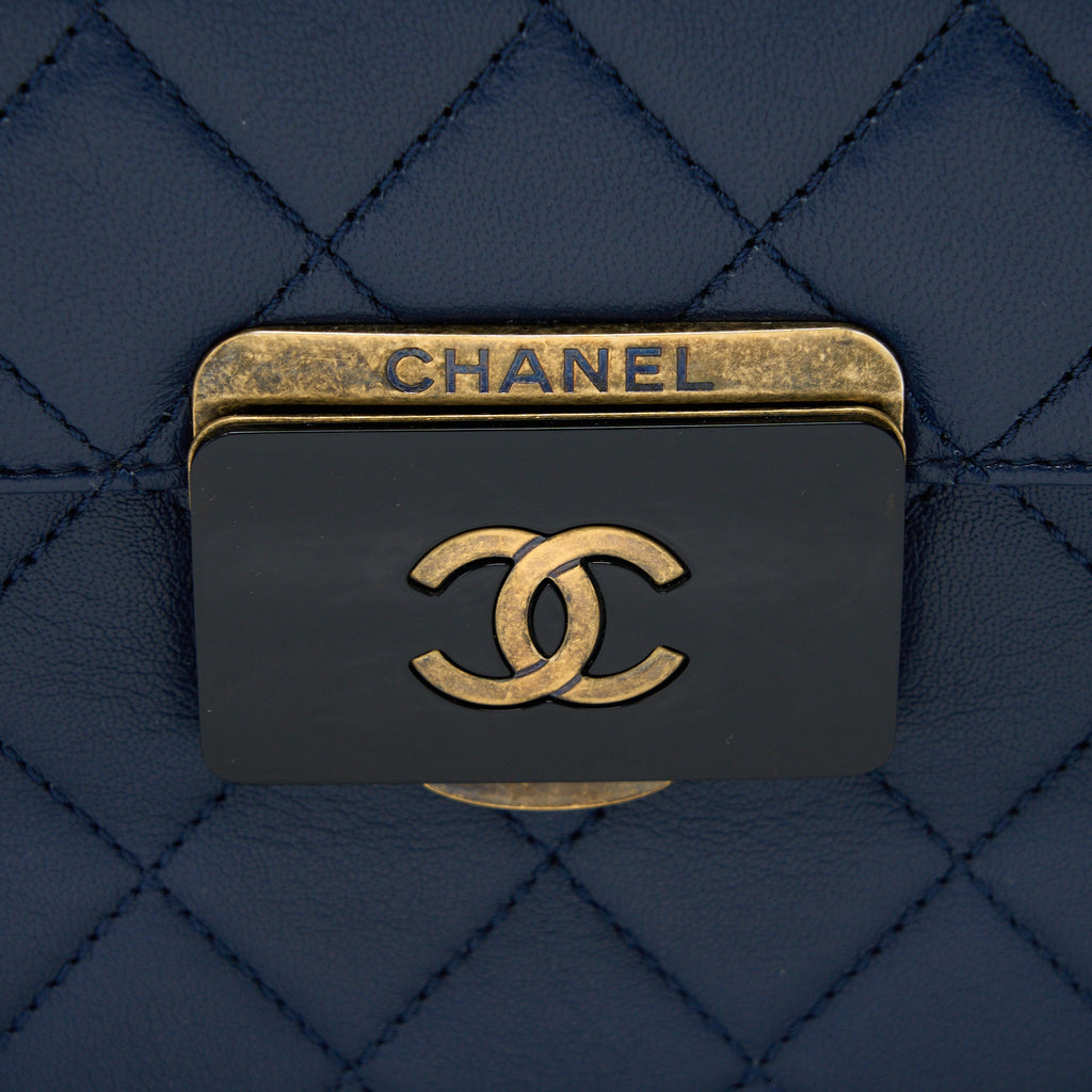 CHANEL QUILTED SHOULDER BAG GOATSKIN BLUE RUTHENIUM GHW
