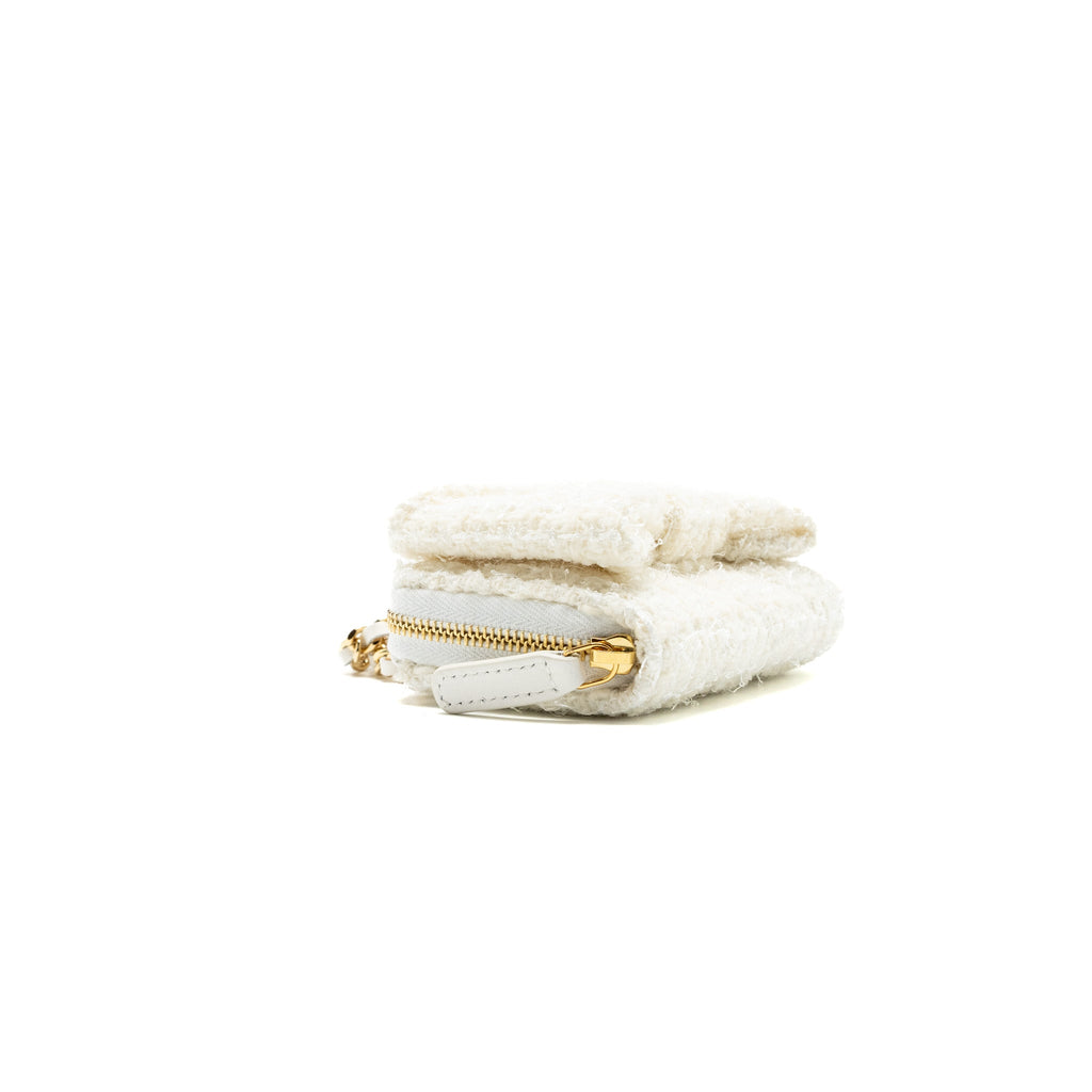 CHANEL MINI BOW CARD HOLDER WITH CHAIN TWEED WHITE LGHW(MICROCHIP)